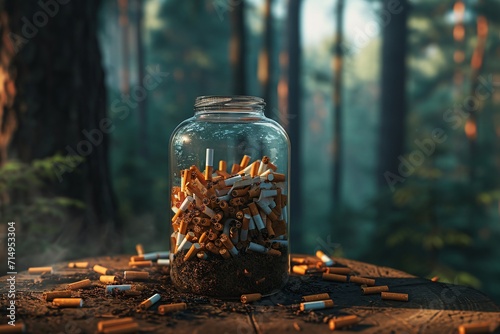 A jar filled with cigarette butts in a forest setting Generative AI