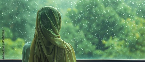 A woman wearing a green hooded garment, looking out a window at the rain. Generative AI