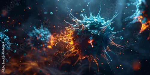 A blue and orange virus cell with a red flame inside Generative AI