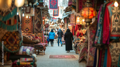 In a bustling bazaar, vendors showcase an array of Nowruz decorations, including colorful textiles, traditional crafts, and ornate items. The vibrant marketplace captures the essen