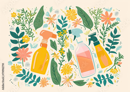 Seasonal spring cleaning, florals and cleaning products pastel retro design