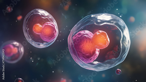 Cells under a microscope. Cell division. Cellular Therapy. 3d illustration on a dark background