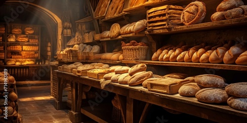 The aroma of freshly baked bread fills the air in a cozy bakery, where rows of golden loaves are displayed on wooden shelves