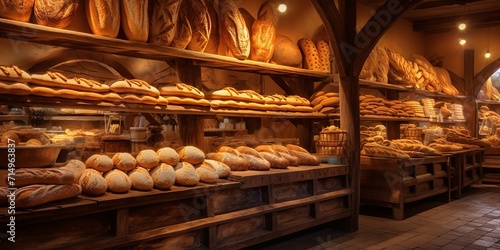 The aroma of freshly baked bread fills the air in a cozy bakery, where rows of golden loaves are displayed on wooden shelves