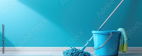Blue mop and bucket on blue background. Household supplies. Spring cleaning, home cleaning, housework and hygiene concept. Minimalistic design for banner, poster