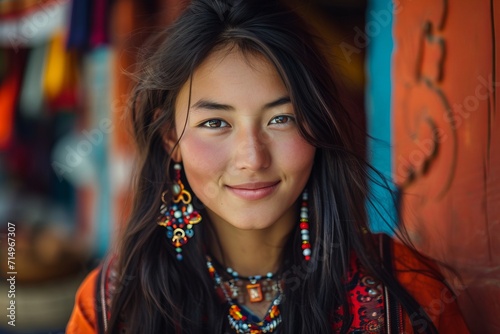 portrait of a young tibetan woman wearing traditional tibetan clothes smiling to camera