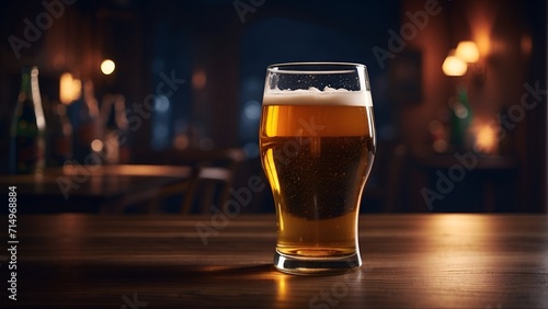 A close-up photo of a glass of beer with a condensation-covered glass sitting on a wooden table. The beer is a golden color and has a thick head of foam. There is a dark background behind the glass.