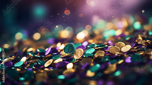 Abstract festive background with flying colorful confetti for the Venetian Mardi Gras holiday. Concept for Orleans masquerade