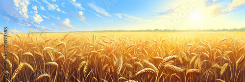 golden spikelets of wheat, grain field with sunlight, against the background of the horizon with the sky