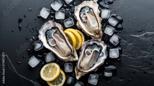 Oysters on ice with lemon slices and herbs on a dark slate background.