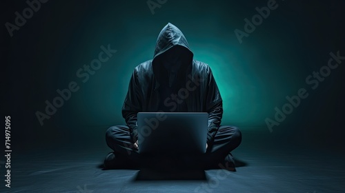 Guy hacker sits at a table in front of a laptop on a dark background. The man is stealing data. The concept of cybercrime and cybersecurity. Technology illustration for banner, brochure, presentation.