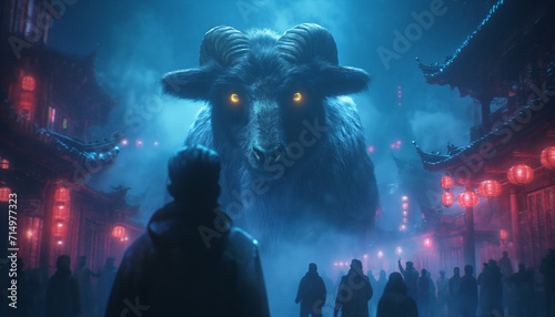 Majestic Horned Beast with Glowing Eyes in a Mystical Chinese Town
