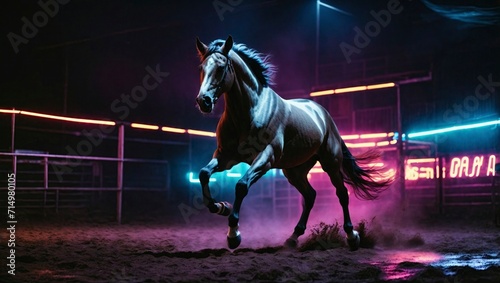 Horse galloping in arena at night with fog and backlight