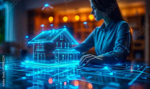 Futuristic real estate concept with a holographic projection of a house and a businesswoman, symbolizing advanced property technology and innovation in the housing market