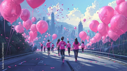 A group of people walking down a street with pink balloons in the air Generative AI
