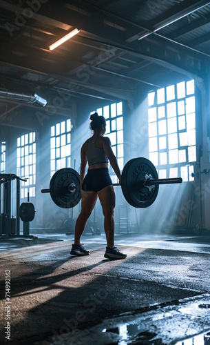 Dziewczyna trzymająca sztangę w crossfit siłowni - ujęcie od tyłu - Girl holding barbell in crossfit gym - shot from behind - AI Generated