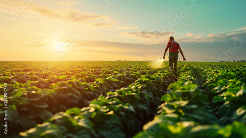 A farmer irrigating a vibrant green field using sustainable water management practices. The image emphasizes the crucial role of water in agriculture and the need for responsible w