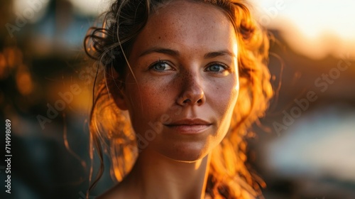 A close-up portrait of a woman with freckles, gazing outside with a subtle smile.