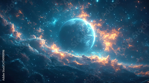 The background of Cosmos, where the azure shades of the planets and shining stars create visual ex