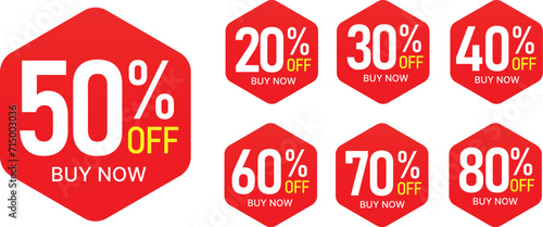 Different percent discount sticker discount price tag set. Red shape promote buy now with sell off up to 20, 30, 40, 50, 60, 70, 80 percentage vector illustration isolated on white.