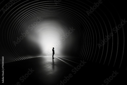 Silhouette of a man in a dark tunnel, a lonely man stands in front of a light portal, mystery man in tunnel, modern abstract art, go into the light concept.