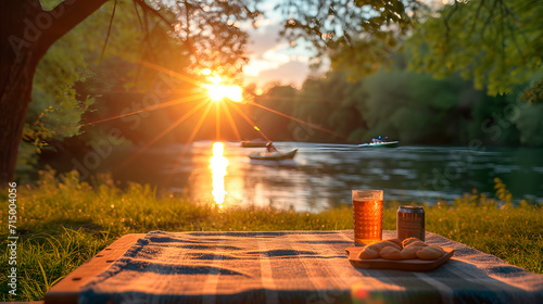 A serene riverside picnic at sunset.