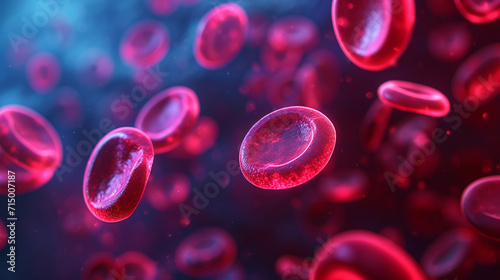 Erythrocytes in a luminous, neon representation, erythrocyte, dynamic and dramatic compositions, with copy space