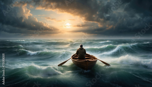 Lonely man in rowboat on stormy ocean. AI generated 