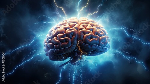 Brainstorming concept. Human brain and thunderbolt. Smart brain. Creativity. Fast learning