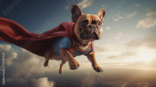 Superhero French Bulldog Flying Over the City at Sunset