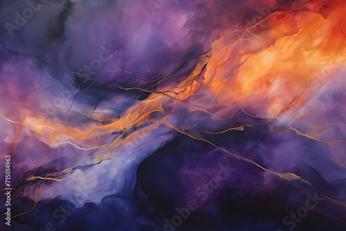 Sunset oranges and midnight purples entwine in a captivating abstract embrace, frozen in a moment of artistic brilliance.