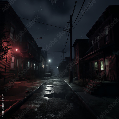 Dark neightborhood, scary ghetto in the middle of the night. Houses with lights, dark concrete. Moderate rain. Ultra realistic style, high detailed scene. Dramatic ambient.