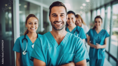 Portrait of a smiling happy male medical doctor or nurse and team standing in hospital, Medical concept.