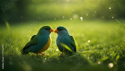 Tow green birds in a romantic scene with beautiful green nature landscape, animals.