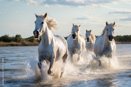 White Wild Horses of Camargue running and splashing on water, Aigues - Mortes, France