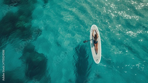 Young woman lying on SUP board in sea, top view. Space for text 
