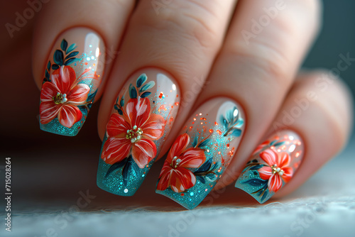 Nail design on shiny nail polish with flowers, fashionable multi colored art manicure