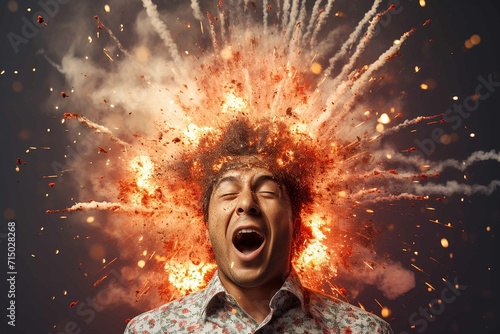 Man's face with firecrackers coming out of his head