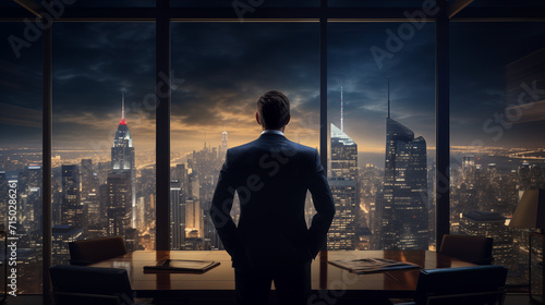 A successful businessman in a strict business suit, hands in his trouser pockets, stands at a panoramic window overlooking the evening metropolis at sunset with the city illumination turned on.