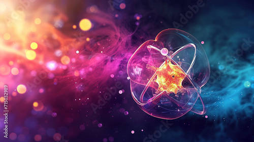An electron cloud model of an atom with a dynamic, colorful background, atoms and molecules, dynamic and dramatic compositions, with copy space