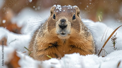 Groundhog poking its head out of the ground, surrounded by winter snow. [Groundhog in winter scene