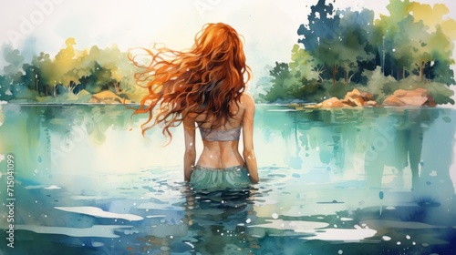 Watercolor drawing of a red-haired girl with flowing hair enters a lake against the backdrop of a green forest.