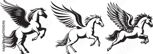 Winged horses, pegasus, collection of black and white vector graphics in logo style for laser cutting and engraving