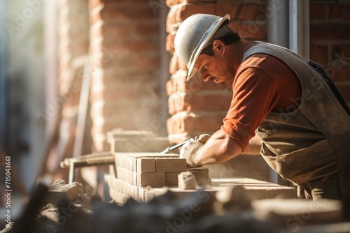Bricklayer worker installing brick masonry on exterior wall with trowel putty knife