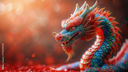 dragón chino de fantasía de color azul y rojo, sobre fondo desenfocado rojo bokeh. Concepto año nuevo chino 2024