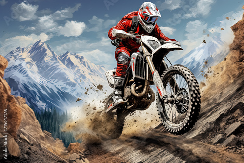 Motocross rider on the race in high mountains. Generative Ai