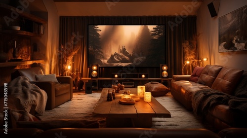 Inviting Scandinavian Cinema Room with Layered Textiles and Comfortable Seating - AI-Generative