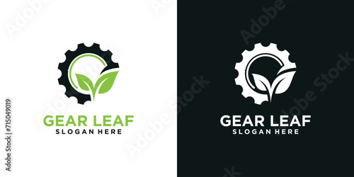 gear design template with green leaves. gear leaf logo with a simple concept