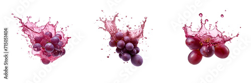 Set of grape with grape juice splash isolated on a transparent background