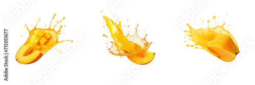 Set of mango slice with mango juice splash isolated on a transparent background